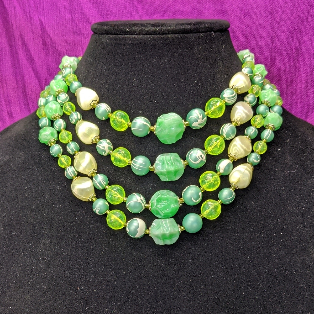 Mixed Greens Bead Necklace, 4 Strands, Various Shapes, New Clasp